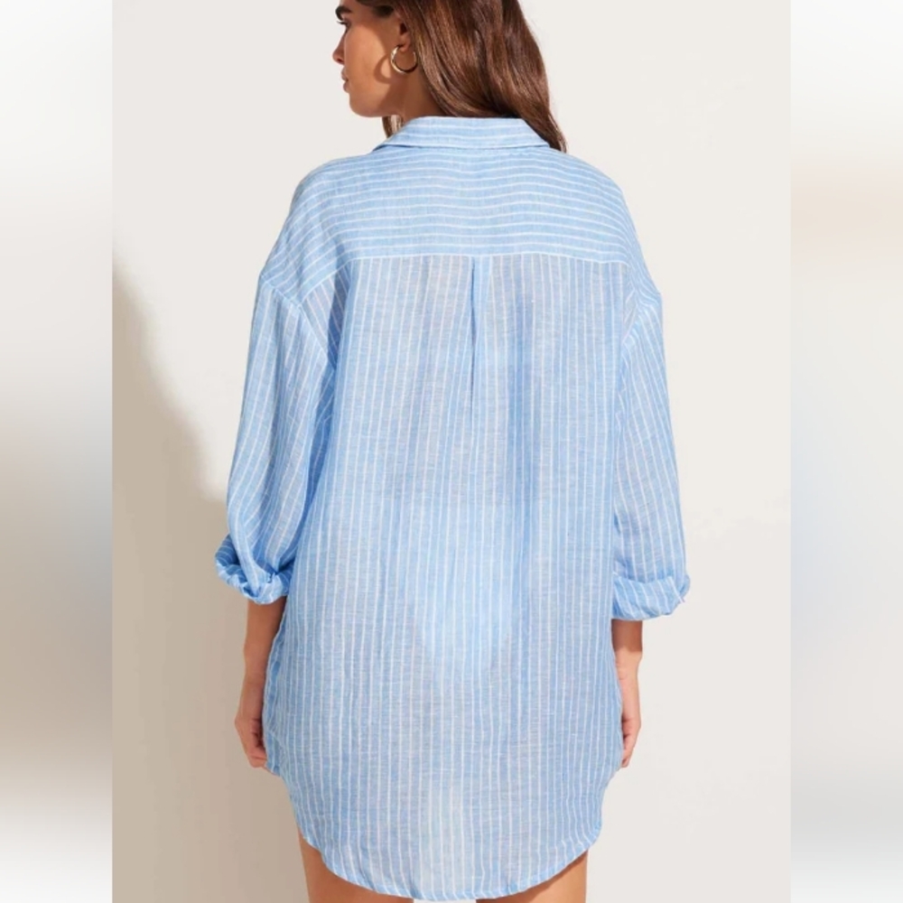 Vitamin A Playa Linen Boyfriend Shirt Summer Stripe EcoLinen M - Picture 14 of 16